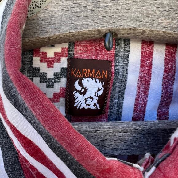 Vintage 90s Karman Aztec Maroon Stripe Southwestern Long Sleeve Button Up Shirt - Picture 3 of 6